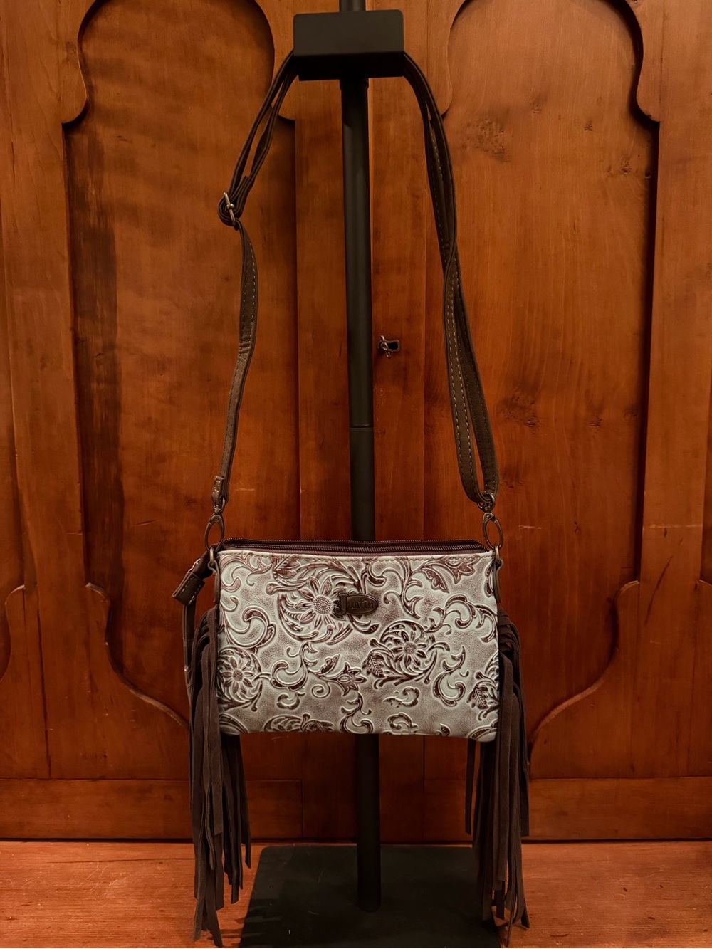 Justin Turquoise and Brown Tooled Leather Fringe Crossbody Bag